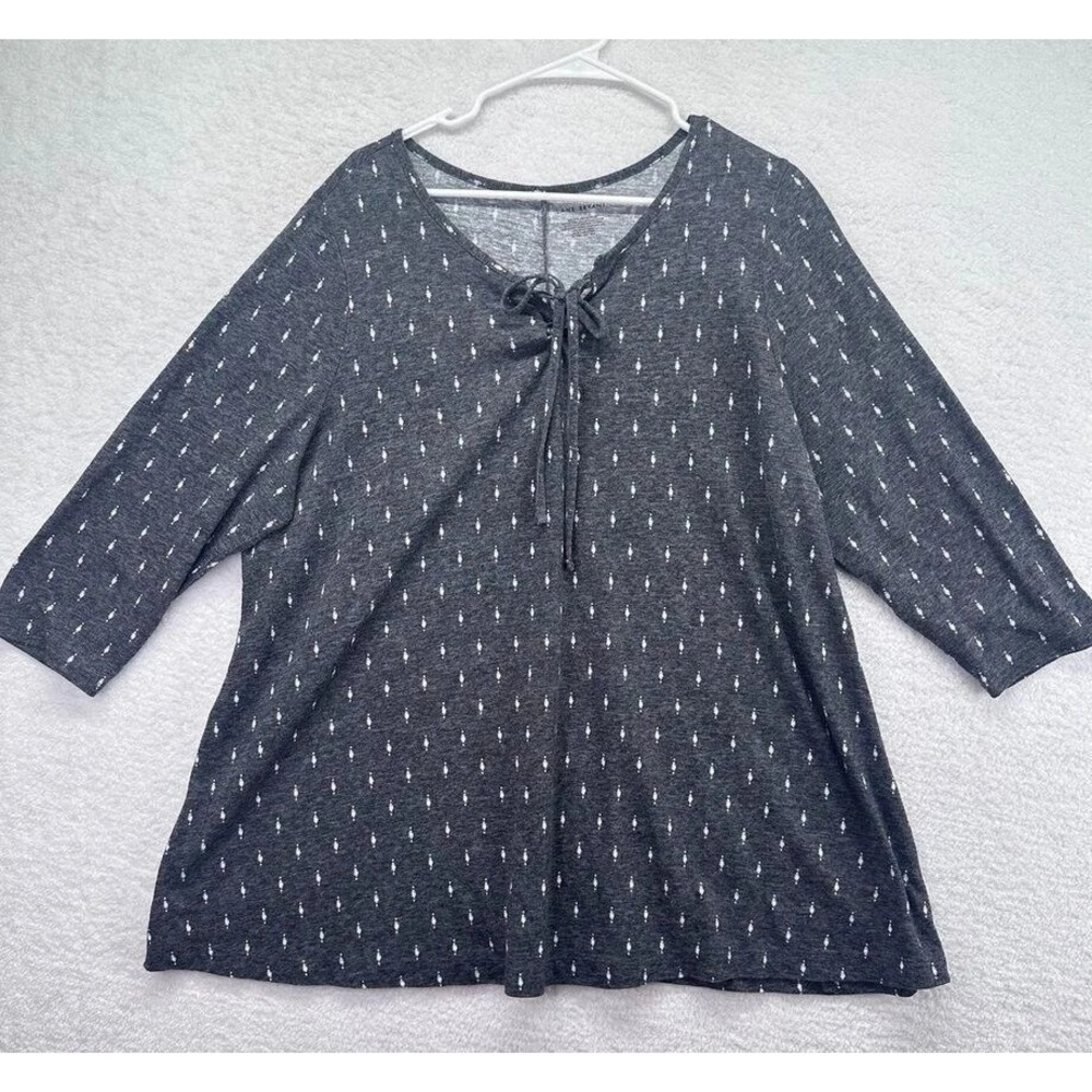 Lane Bryant Women's Gray White Print 3/4 Sleeve Tie Neck Tunic Top‎ Size 18/20